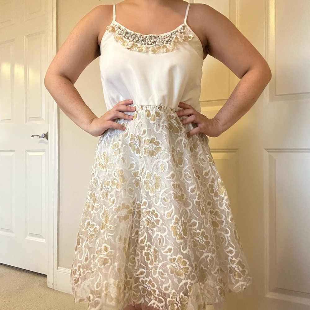 White and Gold Dress with Pearl and Embellished Neckline